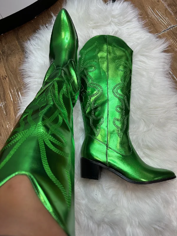 women's heeled bootiesMALENA/2024 Green Metallic Faux Leather Cowboy Boot