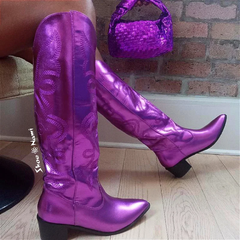 women's booties with combat styleMALENA/2024 Purple Metallic Faux Leather Cowboy Boot