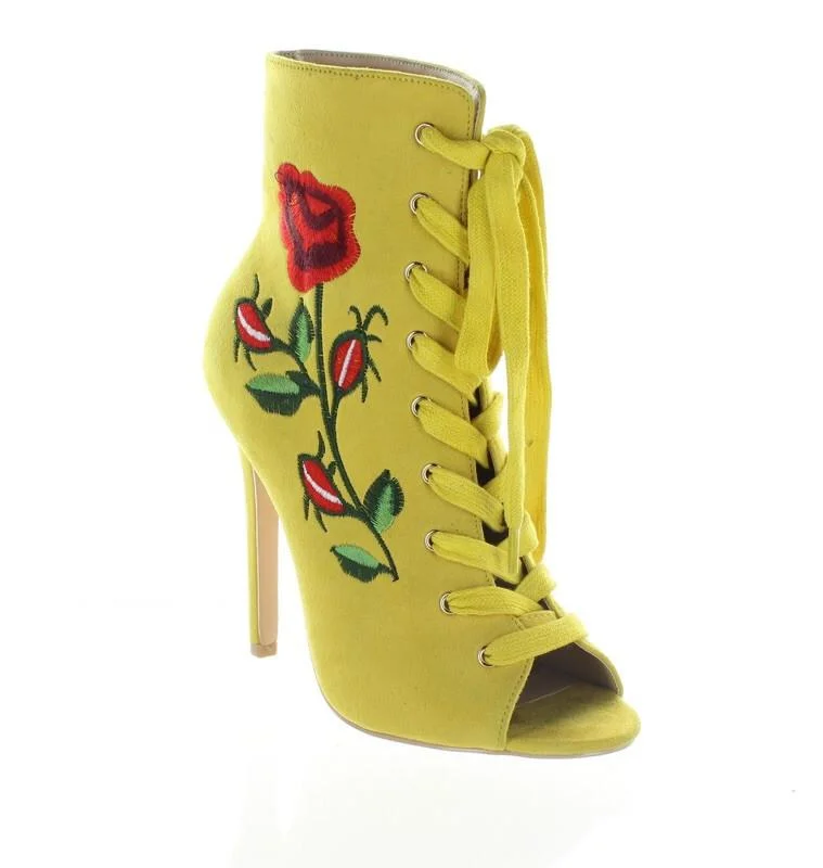 women's booties with snake printFINAL SALE - Yellow Embroidered Lace Up Ankle Boot