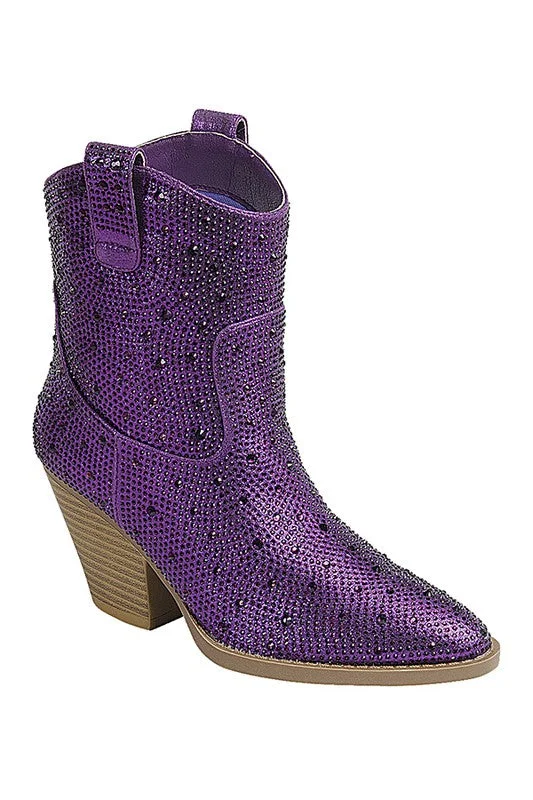 women's booties with side cutoutsNEILA RHINESTONE HEELED WESTERN BOOTIES IN PURPLE
