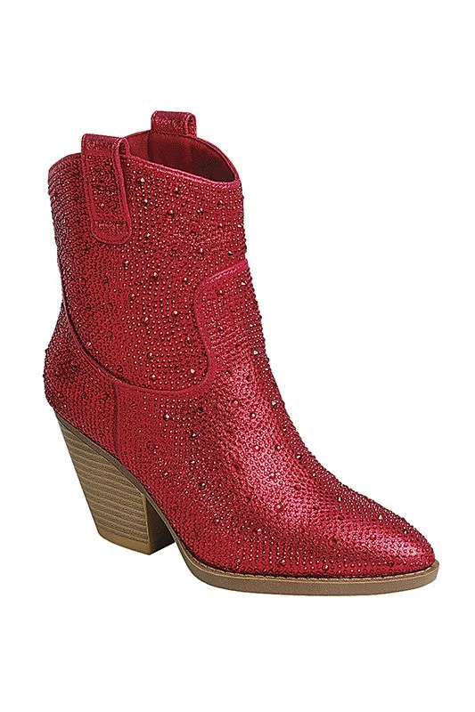 women's waterproof bootiesNEILA RHINESTONE HEELED WESTERN BOOTIES IN RED