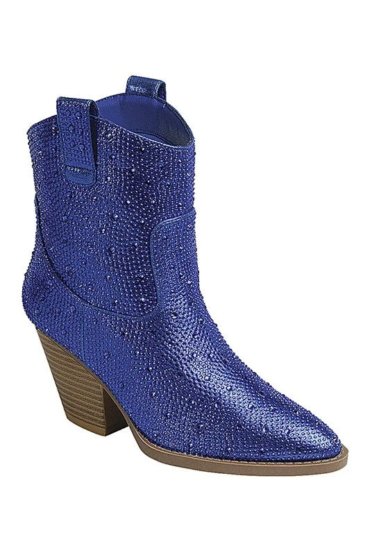 women's booties for petite womenNEILA RHINESTONE HEELED WESTERN BOOTIES IN ROYAL BLUE