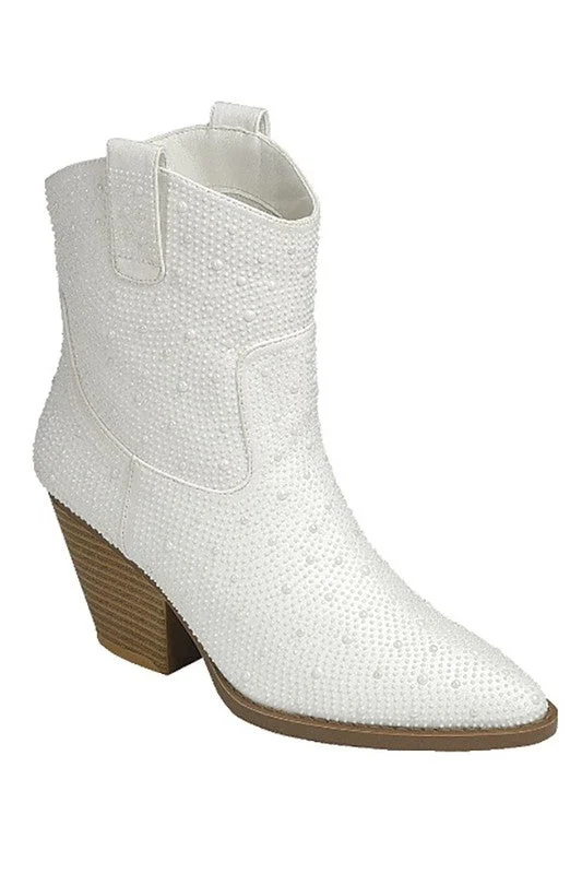 women's booties with block heelNEILA RHINESTONE HEELED WESTERN BOOTIES IN WHITE