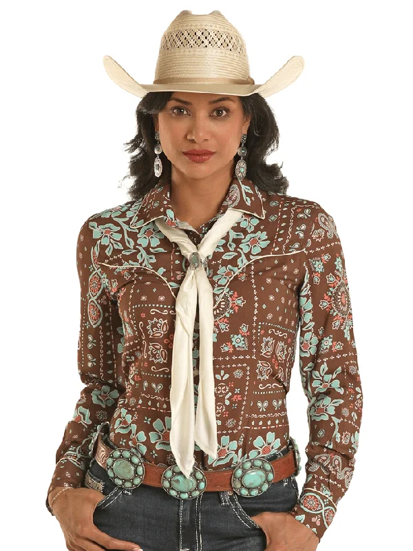 women's western boots for workPanhandle LWN2S03391 Womens Bandana Snap Retro With Ascot Shirt Brown women's western boots for workPanhandle LWN2S03391 Womens Bandana Snap Retro With Ascot Shirt Brown