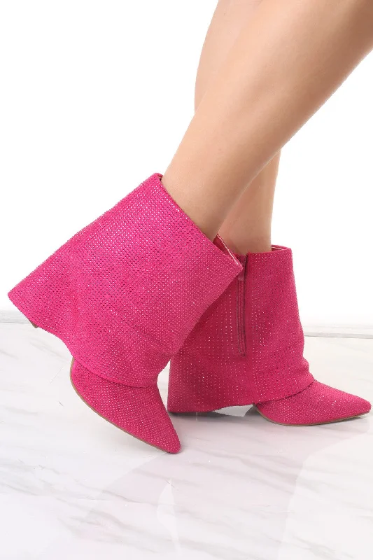 women's ankle boots for fashion-forwardPink Diamante Fold Over Shark Ankle Boot