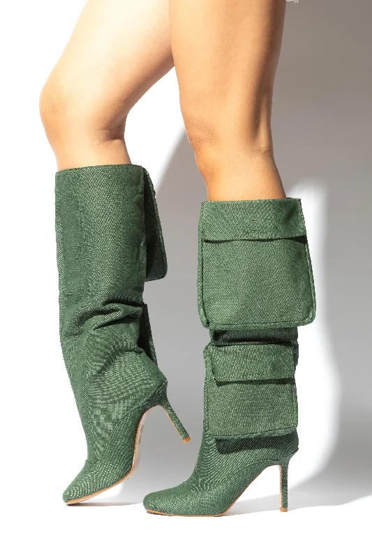 women's booties for hikingPLAIN JANE Army Olive Green Denim Boot