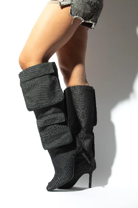 women's booties for wide calvesPLAIN JANE Black Denim Boot
