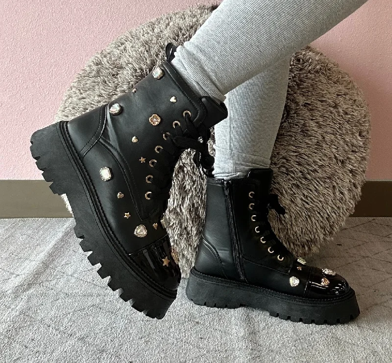 women's booties with fringePOLK-05 Black Faux Leather Combat Boot - Lace Up - Rhinestone Charms/Jewels Detail women's booties with fringePOLK-05 Black Faux Leather Combat Boot - Lace Up - Rhinestone Charms/Jewels Detail