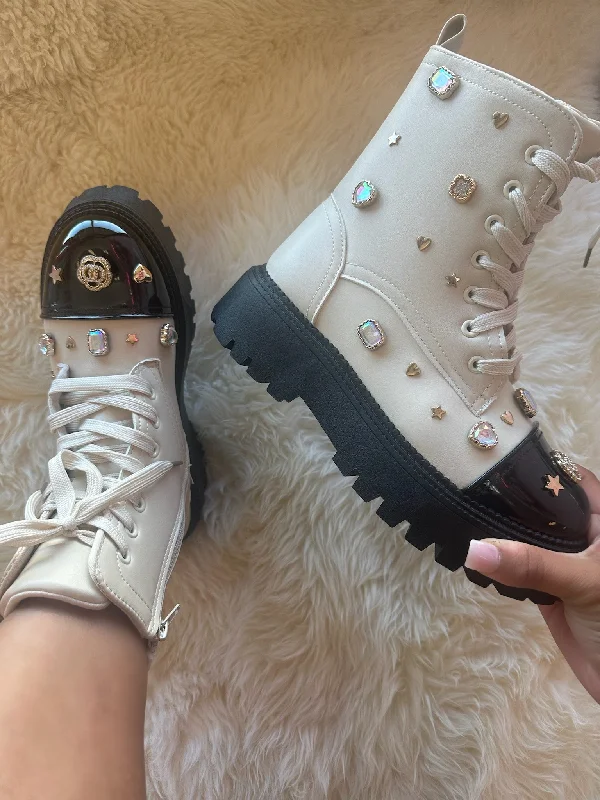 women's booties with platformPOLK-05 Ivory Black Patent Faux Leather Combat Boot - Lace Up - Rhinestone Charms/Jewels Detail women's booties with platformPOLK-05 Ivory Black Patent Faux Leather Combat Boot - Lace Up - Rhinestone Charms/Jewels Detail