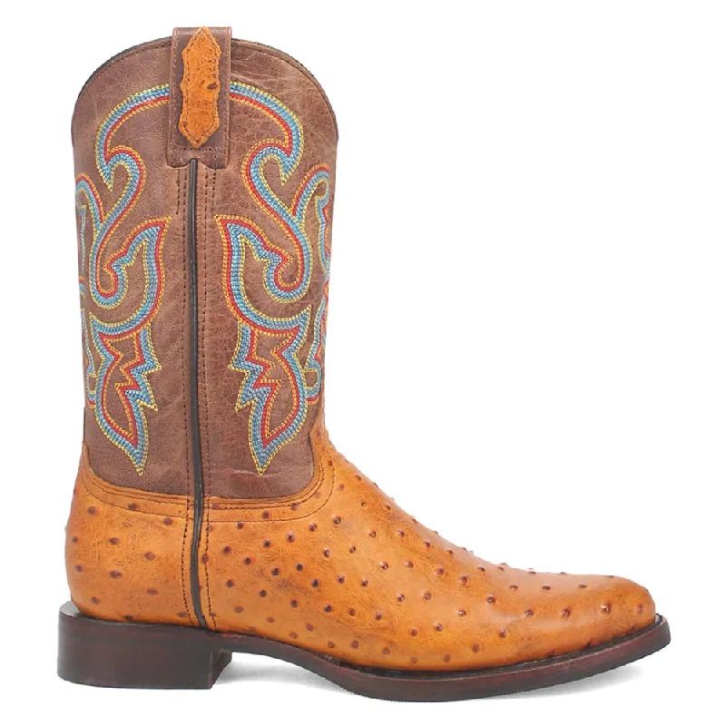 women's cowboy boots with block heelRanger Leather Embroidered Ostrich Print Round Toe Cowboy Boots