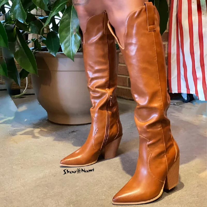 women's booties for rainy daysROCK BOTTOM/2024 Tan Faux Leather Boot Knee High Cowboy women's booties for rainy daysROCK BOTTOM/2024 Tan Faux Leather Boot Knee High Cowboy