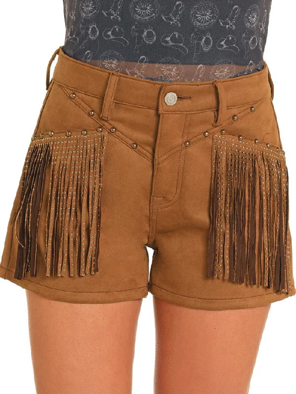 women's zippered moto bootsRock & Roll Denim BW68D04928 Womens Suede Fringe Shorts Camel Copper
