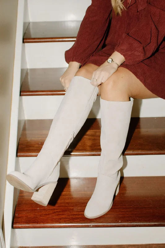 women's flat bootiesShiloh Light Grey Knee High Boots
