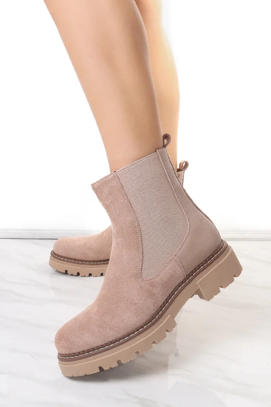 women's ankle boots with floral designTaupe Faux Suede Chelsea Boot With Zip Fastening