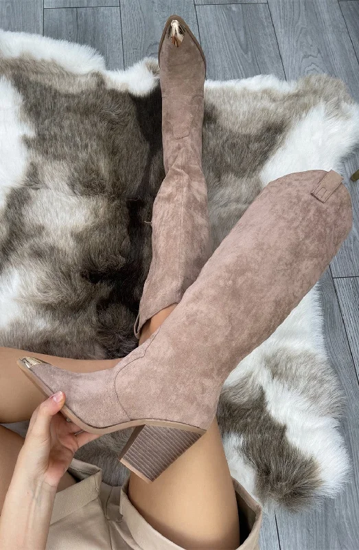 women's ankle boots for casual wearTaupe Faux Suede Knee High Toe Cap Cowboy Boot