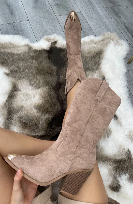 women's ankle boots with velvetTaupe Faux Suede Mid Length Toe Cap Cowboy Boot