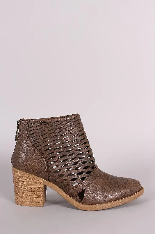 women's booties with over-the-knee lookQupid Perforated Cowgirl Chunky Heeled Booties