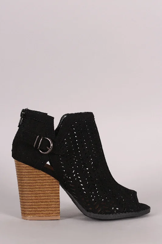 women's winter bootiesQupid Perforated Suede Buckled Chunky Heeled Booties