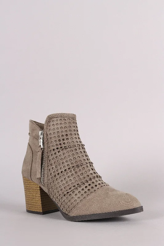women's booties with quilted patternQupid Perforated Suede Chunky Heeled Cowgirl Booties