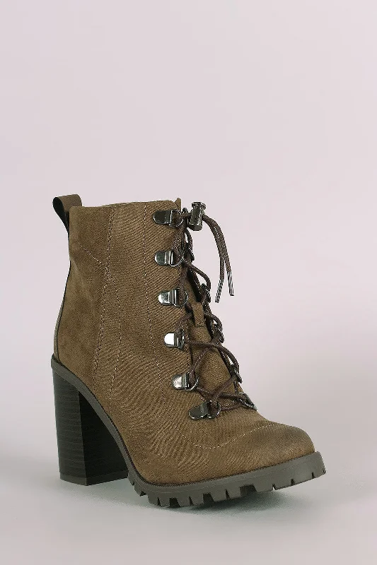 women's booties with over-the-knee lookQupid Lace Up Lug Sole Chunky Heeled Booties