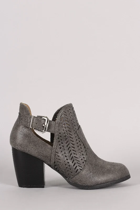 women's flat bootiesQupid Perforated Buckle Distressed Chunky Heeled Booties
