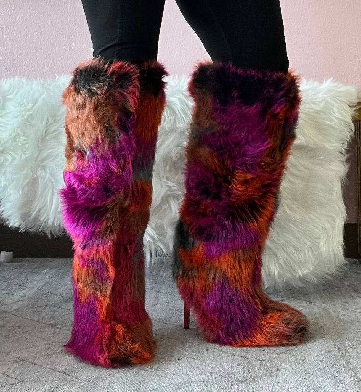women's booties for knee supportUPSETTER Orange Multi Faux Fur Boot