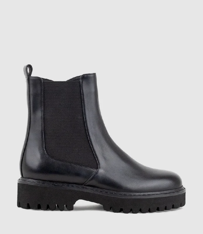 women's ankle boots with square toeWALLACE Chukka Boot on Lug Sole in Black Calf