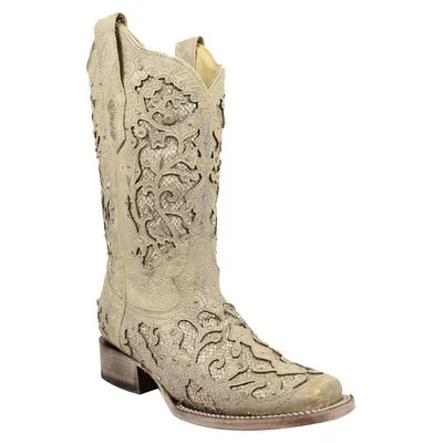 women's western boots for workA3397 CORRAL WHITE GLITTER INLAY AND CRYSTALS SQUARE TOE women's western boots for workA3397 CORRAL WHITE GLITTER INLAY AND CRYSTALS SQUARE TOE