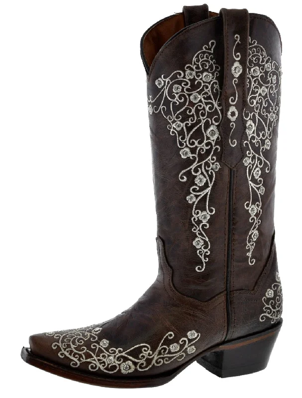 women's cowboy boots with low heelWomens Stella Brown Floral Embroidered Leather Cowboy Boots - Snip Toe