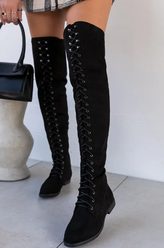 women's booties for workYour Desire Over The Knee Lace Up Boots - Black