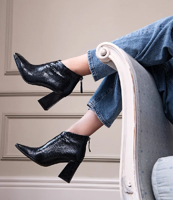 women's ankle boots with pull tabsZELDA85 Cap Toe Ankle Boot in Black Reptile