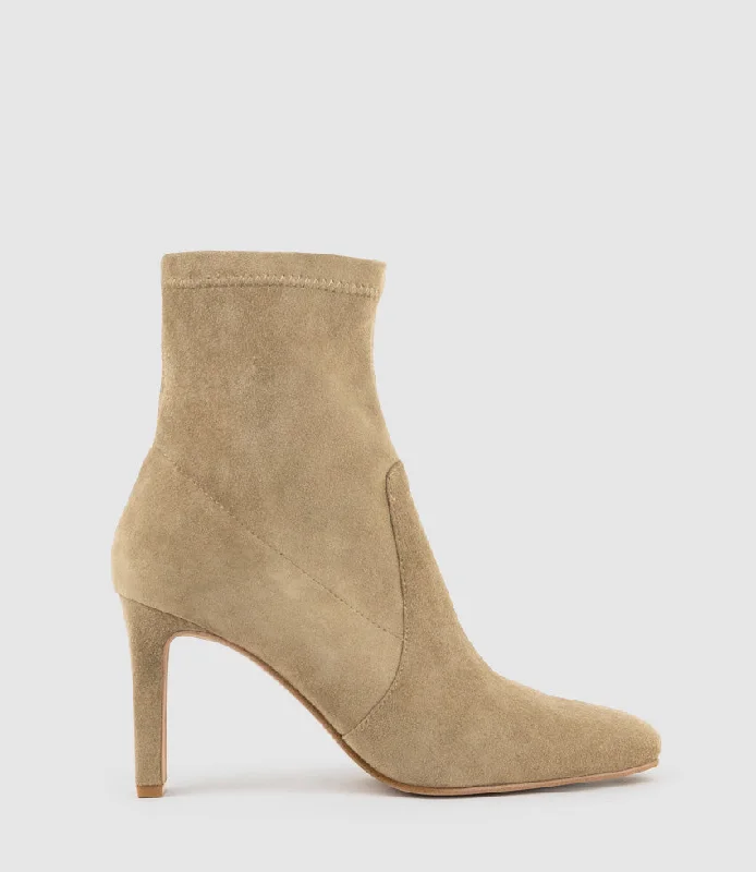 women's ankle boots with floral designZENAS85 Square Toe Ankle Boot in Camel Suede