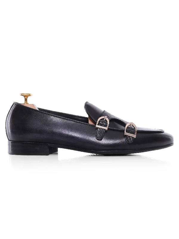 Men's brogue - style fashion & dress shoes with intricate perforations for a traditional lookBelgian Loafer - Black Grey Snake Skin Double Monk Strap (Hand Painted Patina) Men's brogue - style fashion & dress shoes with intricate perforations for a traditional lookBelgian Loafer - Black Grey Snake Skin Double Monk Strap (Hand Painted Patina)
