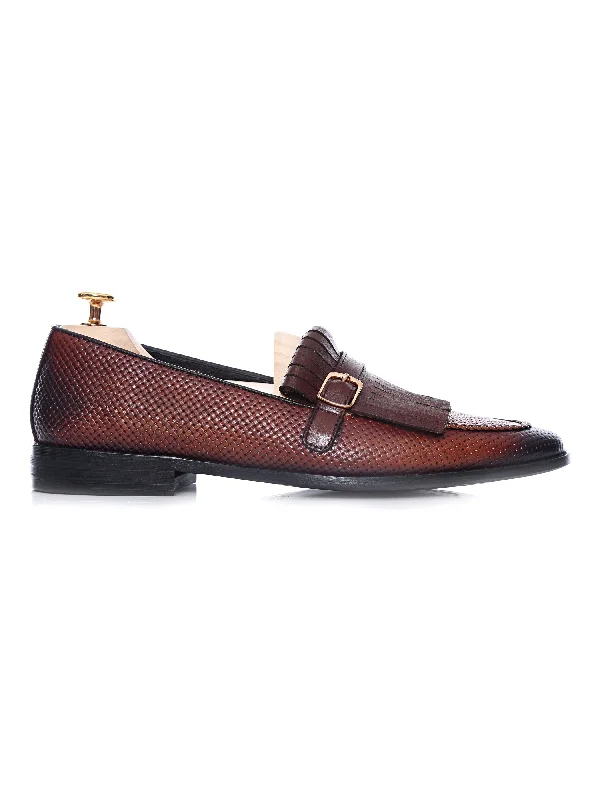 Women's strappy high - heeled fashion & dress shoes with an ankle - strap for added supportFringe Kiltie Loafer - Cognac Tan Woven Leather with Side Buckle (Hand Painted Patina) Women's strappy high - heeled fashion & dress shoes with an ankle - strap for added supportFringe Kiltie Loafer - Cognac Tan Woven Leather with Side Buckle (Hand Painted Patina)