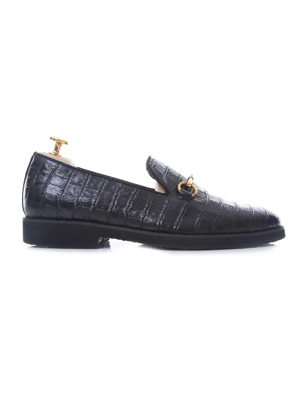 Women's platform - sole fashion & dress shoes with a chunky heel and a platform for added heightLoafer Slipper Horsebit Buckle - Black Croco Leather (Crepe Sole)