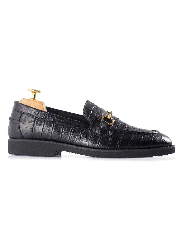 Men's classic black leather lace - up fashion & dress shoes with a cap toePenny Loafer Horsebit Buckle - Black Croco Leather (Crepe Sole) Men's classic black leather lace - up fashion & dress shoes with a cap toePenny Loafer Horsebit Buckle - Black Croco Leather (Crepe Sole)